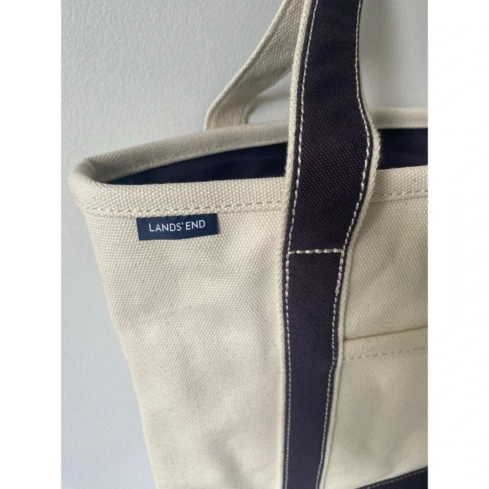 Lands End Navy Blue 5 Pocket Zip Top Medium Canvas Tote Bag NWOT Coastal Casual